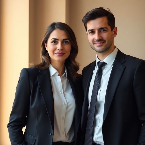 Doi consultanți în ținută business, portret cu lumină caldă laterală