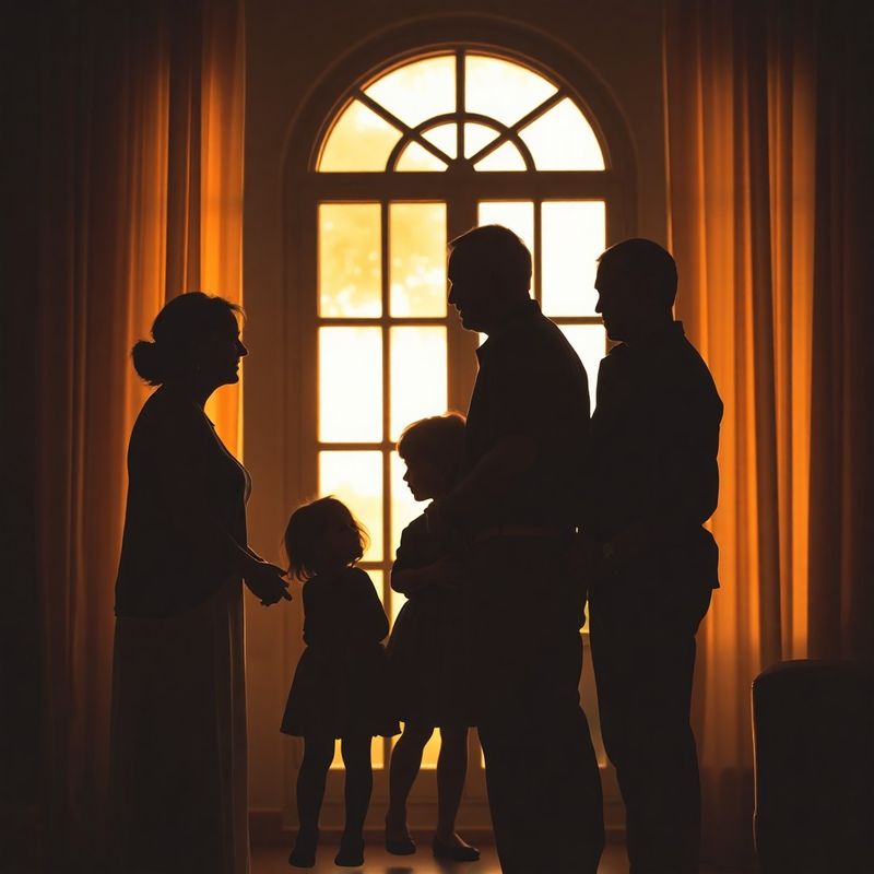 Siluetă a unei familii multigeneraționale în lumină caldă de fereastră